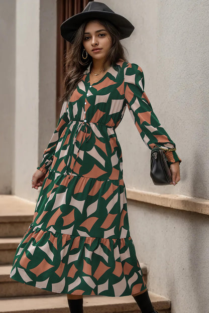 Printed Tied Pocketed Lantern Sleeve Dress