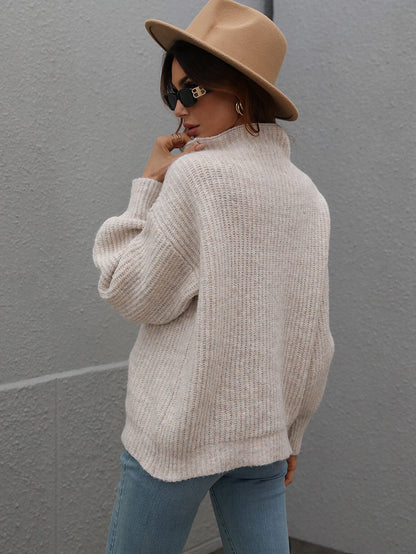 Woven Right High Neck Balloon Sleeve Rib-Knit Pullover Sweater