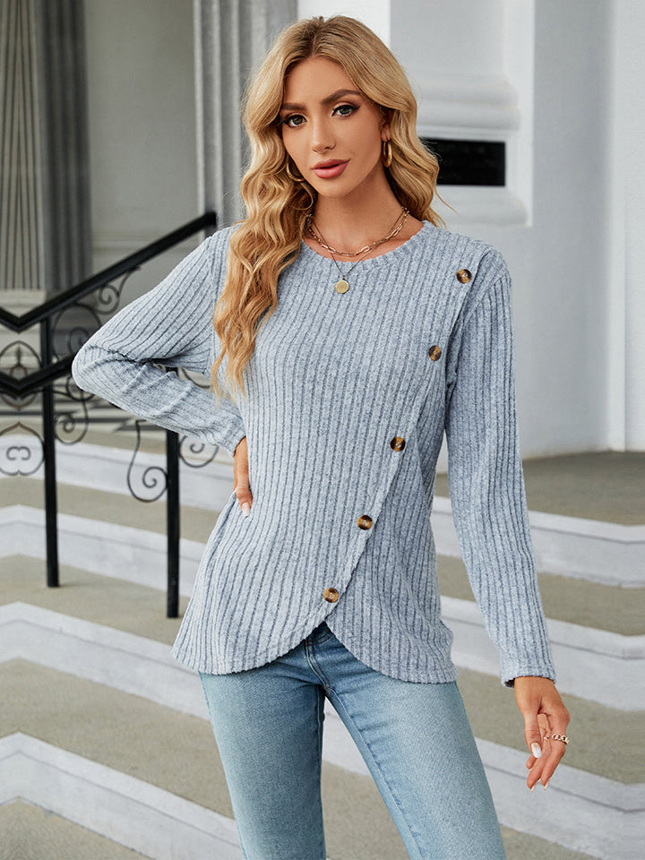 Round Neck Ribbed Button Detail Blouse