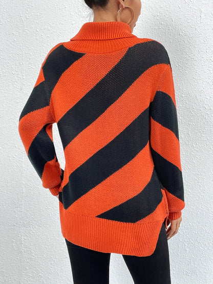 Striped Turtleneck Dropped Shoulder Sweater