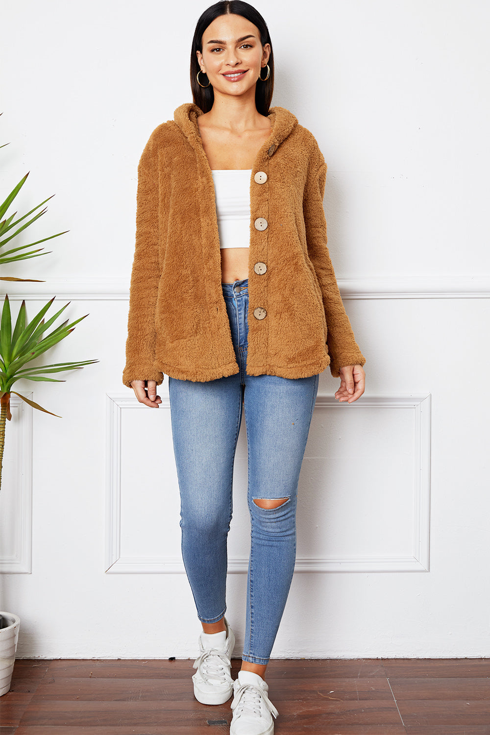 Fuzzy Button Up Hooded Outerwear