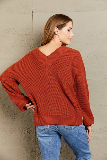 Woven Right Rib-Knit Drop Shoulder V-Neck Sweater