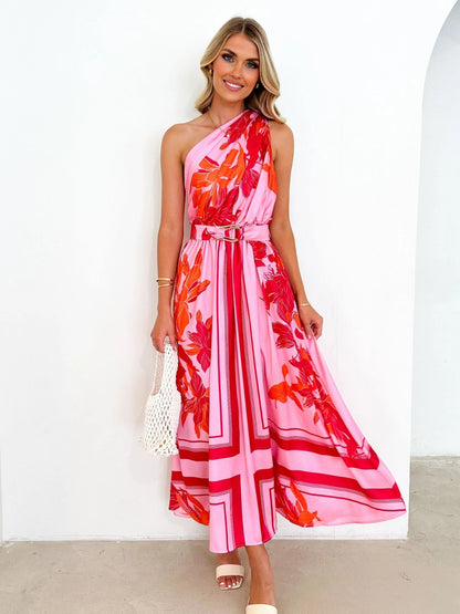 Printed Ruched One Shoulder Dress