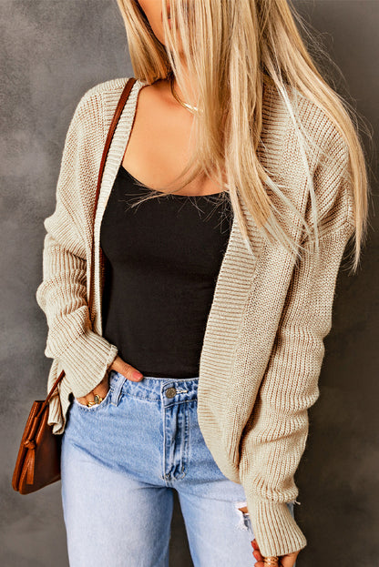 Open Front Drop Shoulder Rib-Knit Cardigan