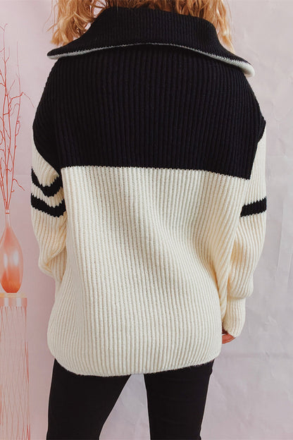 Quarter Zip Striped Dropped Shoulder Sweater