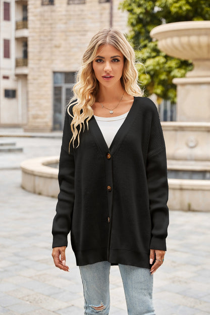 Ribbed Button Up Dropped Shoulder Cardigan