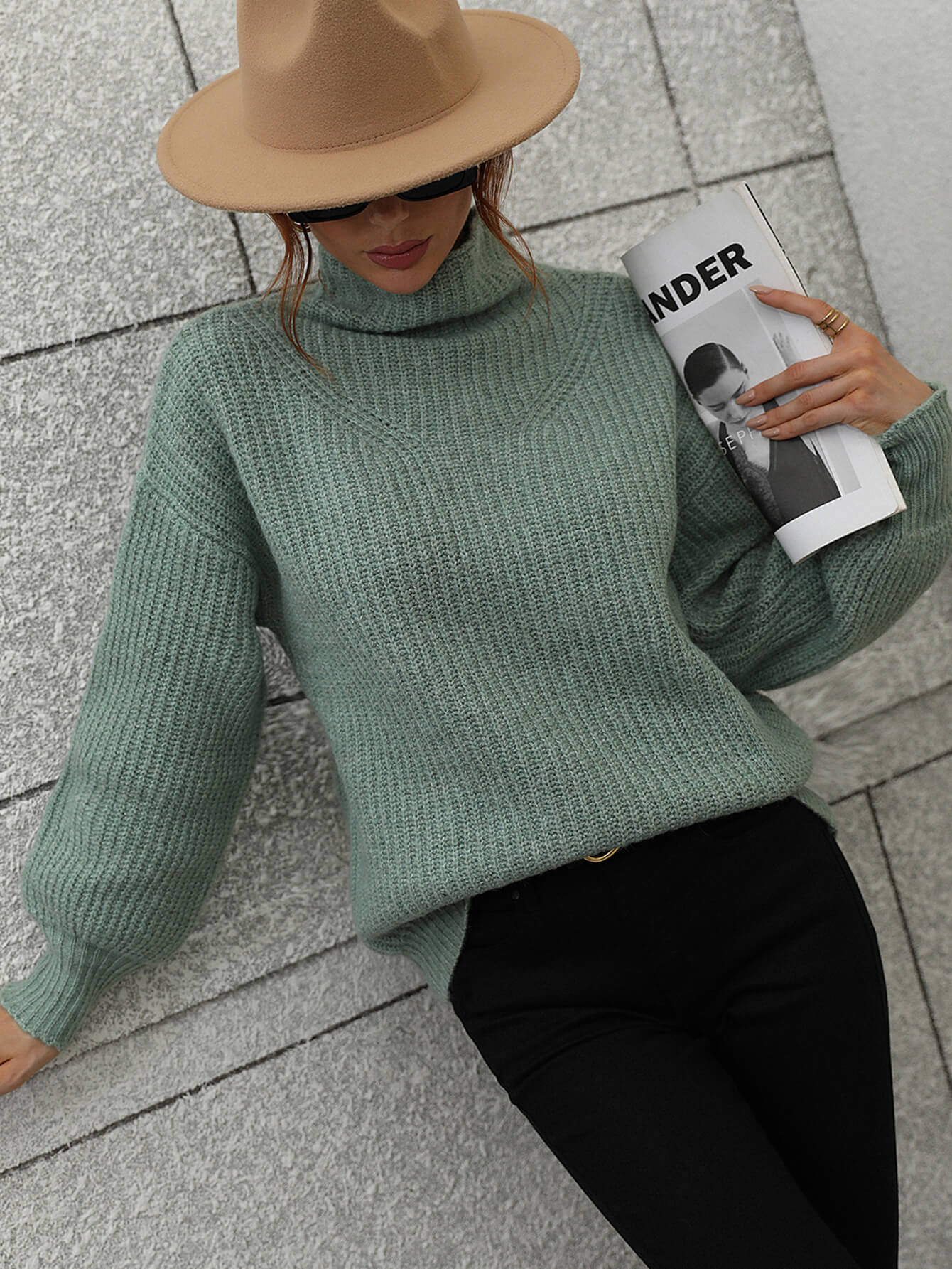 Woven Right High Neck Balloon Sleeve Rib-Knit Pullover Sweater