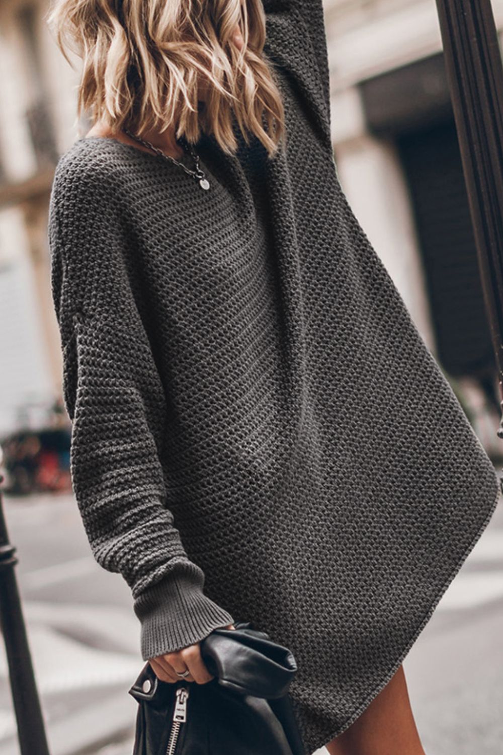 Round Neck Long Sleeve Slit Oversized Sweater