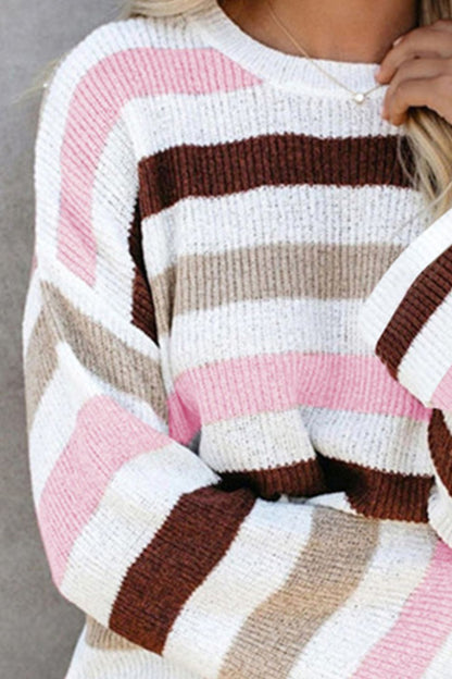 Striped Slit Round Neck Dropped Shoulder Sweater