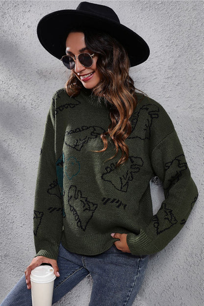 Dinosaur Pattern Round Neck Sweater