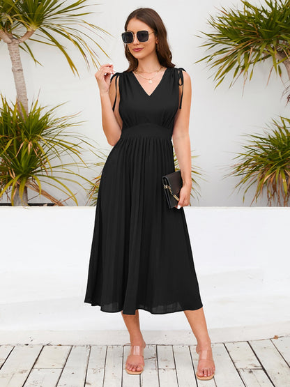 Pleated V-Neck Sleeveless Midi Dress