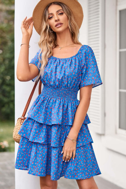 Floral Smocked Short Sleeve Layered Dress