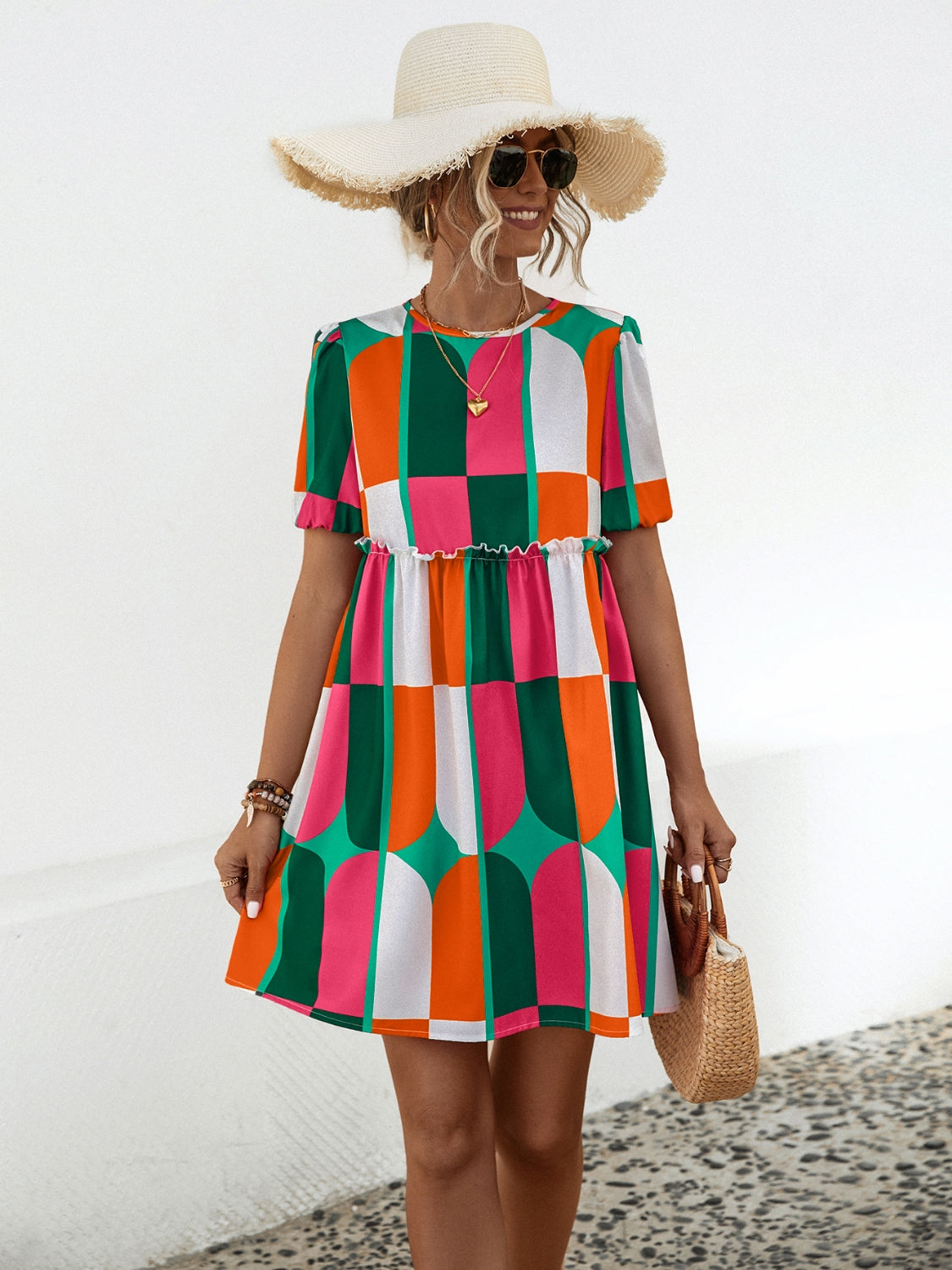 Geometric Frill Round Neck Short Sleeve Dress