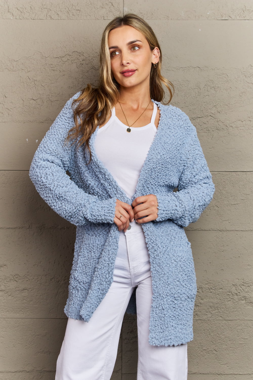 Zenana Falling For You Full Size Open Front Popcorn Cardigan