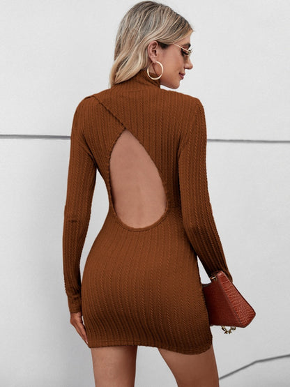 Cutout Mock Neck Long Sleeve Wrap Dress