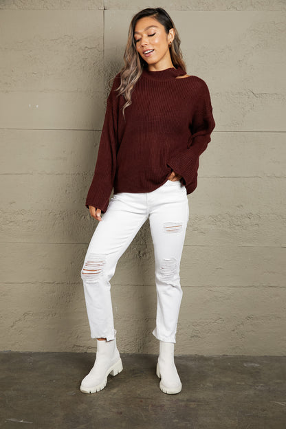 Woven Right Round Neck Cutout Dropped Shoulder Sweater