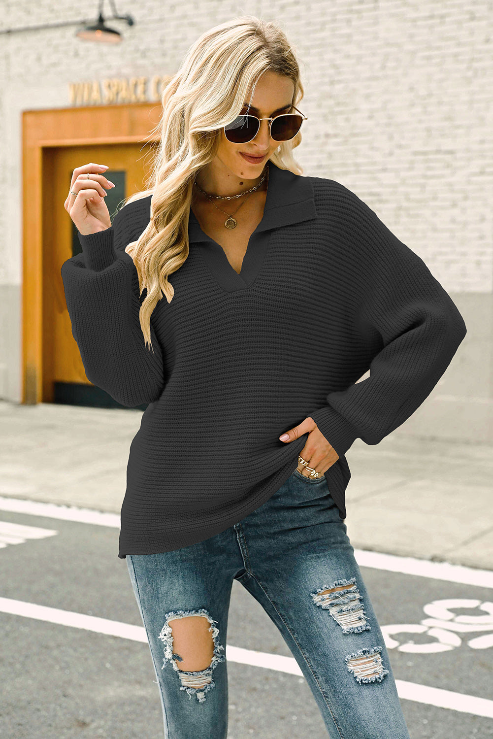 Ribbed Johnny Collar Pullover Sweater