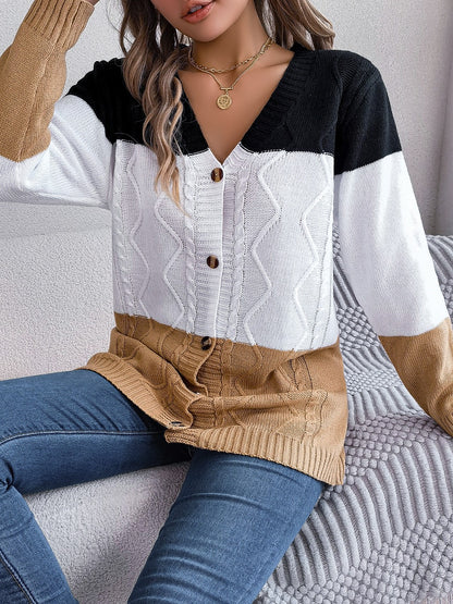 Cable-Knit Striped Button Up Cardigan