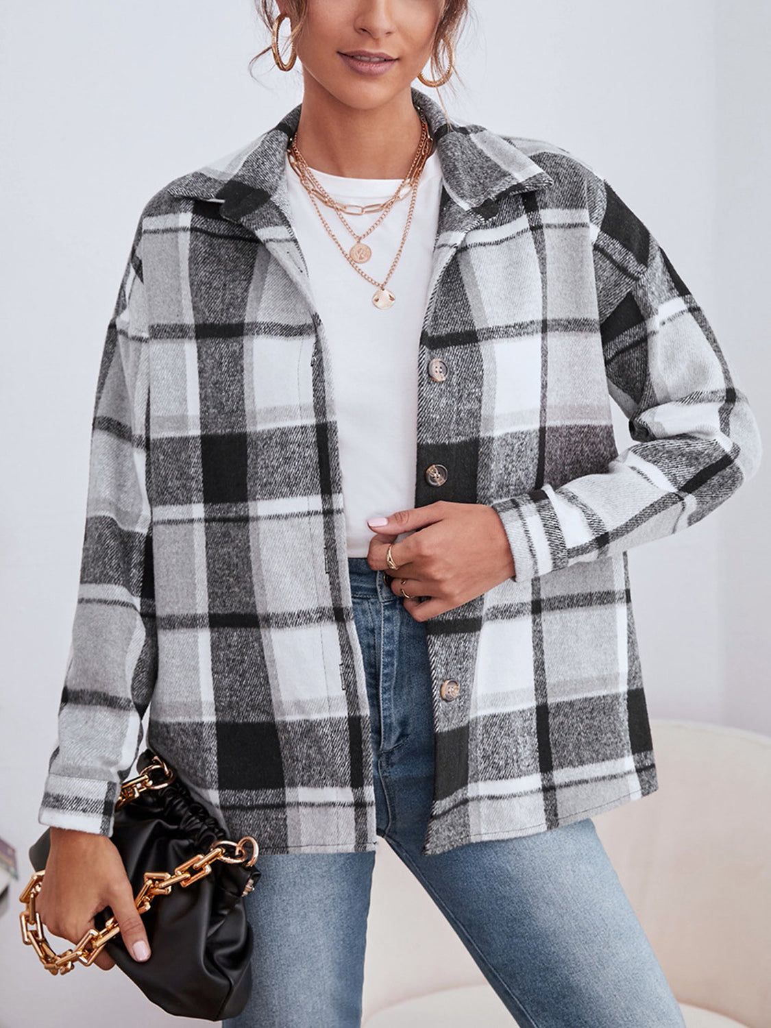 Plaid Collared Neck Button Down Jacket