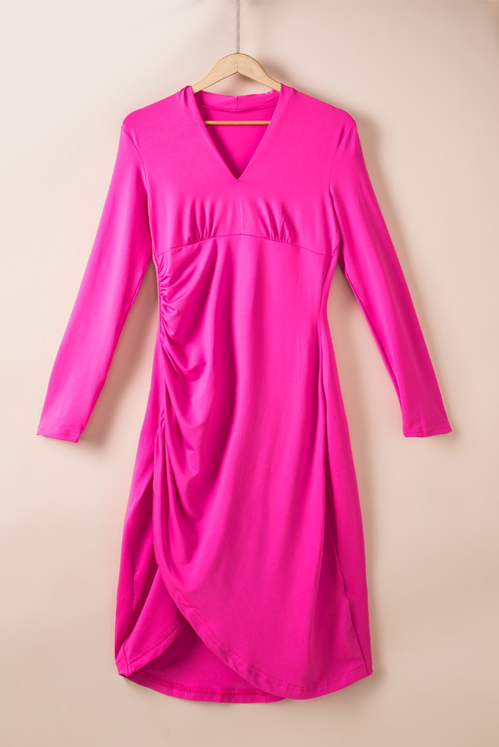 Ruched V-Neck Long Sleeve Dress