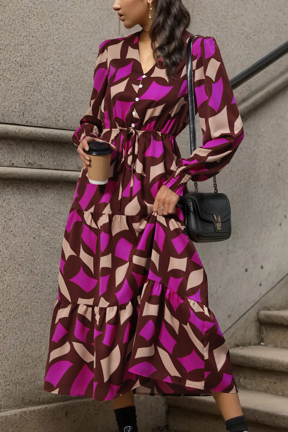 Printed Tied Pocketed Lantern Sleeve Dress