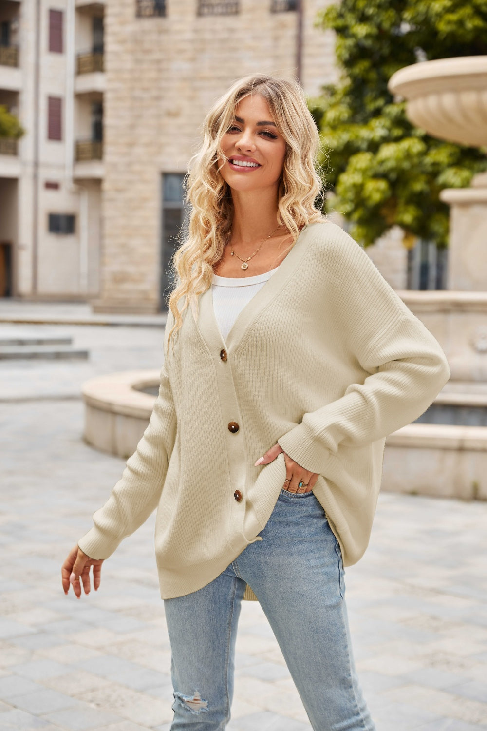 Ribbed Button Up Dropped Shoulder Cardigan