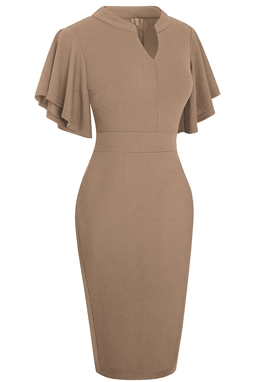 Notched Neck Flutter Sleeve Pencil Dress