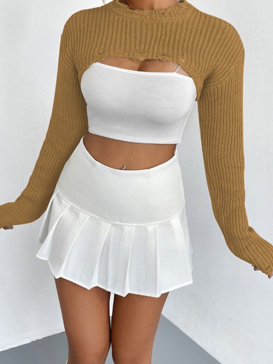 Distressed Long Sleeve Cropped Sweater