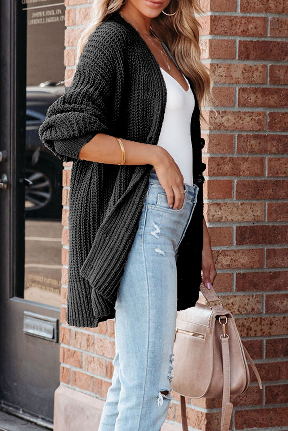 Full Size Button-Up V-Neck Long Sleeve Cardigan