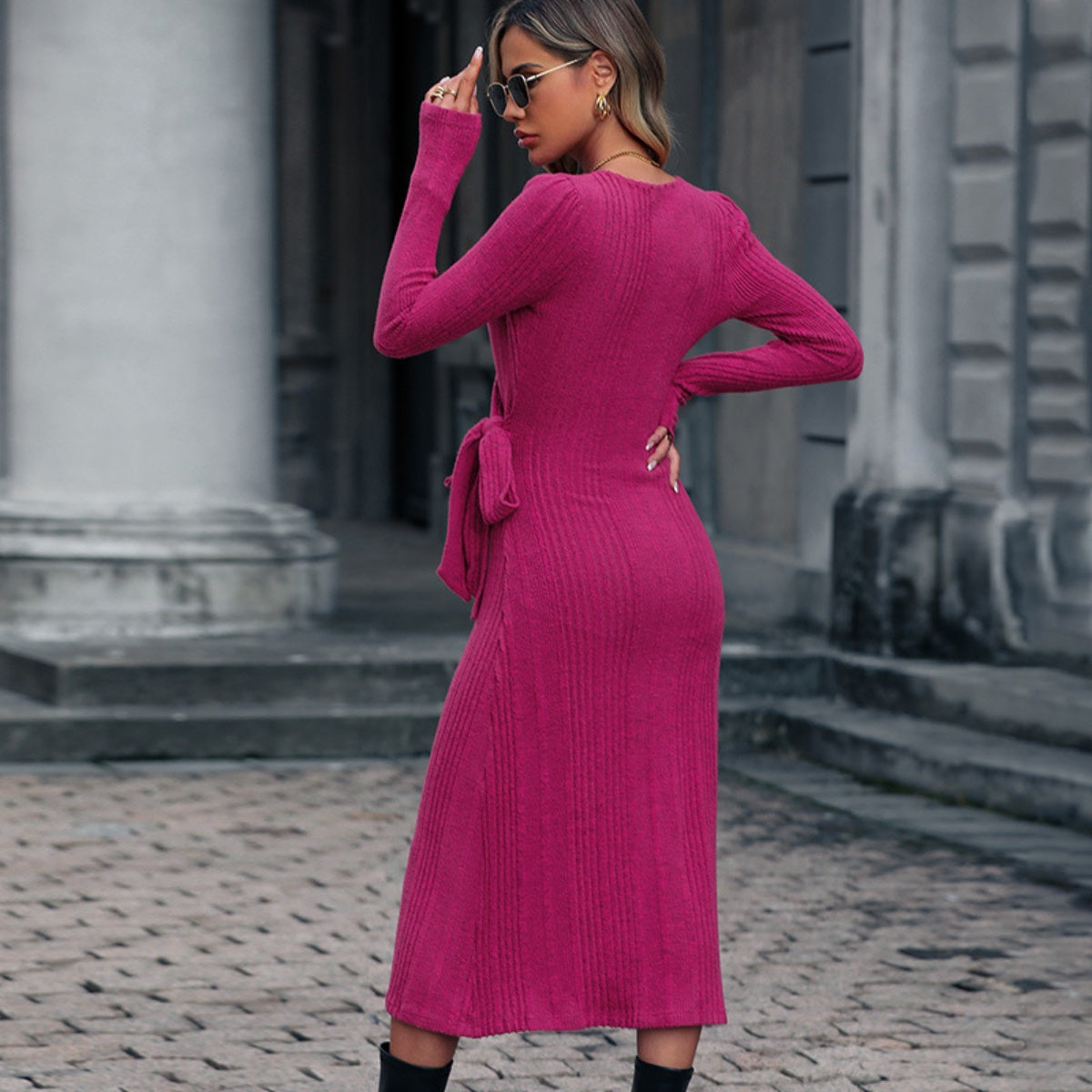 Surplice Neck Tied Long Sleeve Dress